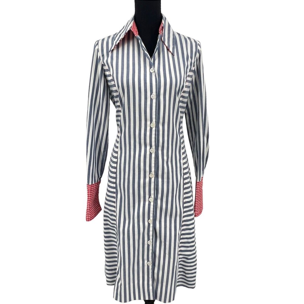 Vintage 70s Serbin Blue White Striped Shirt Dress‎ Red White Gingham Details Med